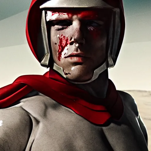 Image similar to a muscular soldier with vertical nose slits, angular eyebrows, wearing blood - spattered glossy sleek white dinged scuffed armor and a long torn red cape, heroic posture, battle - weary, strained expression, determined expression, no helmet, on the surface of mars, dramatic lighting, cinematic, sci - fi, hyperrealistic, detailed