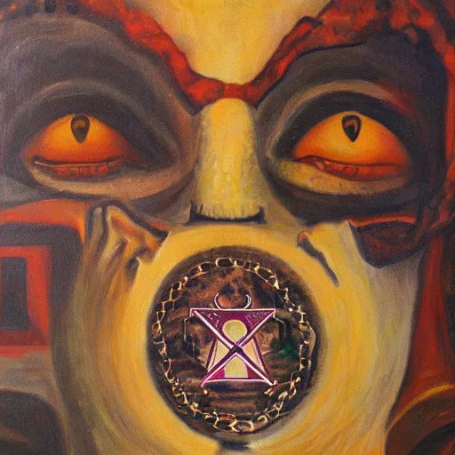 Image similar to portre of an autistic demon on acid, masonic and kabalistic symbols in background, oil painting