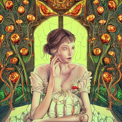 Image similar to the portrait of an absurdly beautiful, graceful, elegant, and sophisticated young woman made of bulbs of garlic, an ultrafine detailed illustration by james jean, intricate linework, bright colors, final fantasy, behance contest winner, vanitas, angular, altermodern, unreal engine 5 highly rendered, global illumination, radiant light, detailed and intricate environment