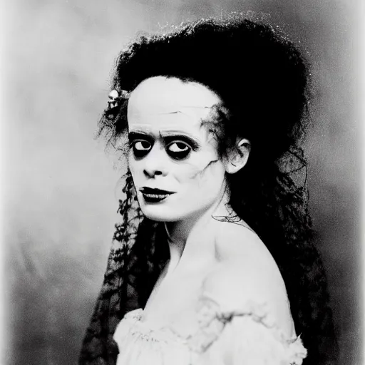 Image similar to dslr photo portrait still of young elsa lanchester as the bride, frankenstein, by gustave dore, 8 5 mm, f 1. 8,