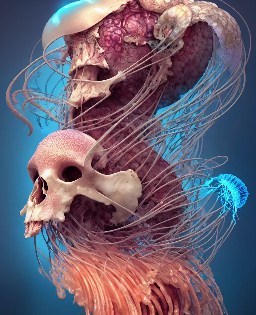 Image similar to goddess close-up portrait ram skull. jellyfish phoenix head, nautilus, orchid, skull, betta fish, bioluminiscent creatures, intricate artwork by Tooth Wu and wlop and beeple. octane render, trending on artstation, greg rutkowski very coherent symmetrical artwork. cinematic, hyper realism, high detail, octane render, 8k