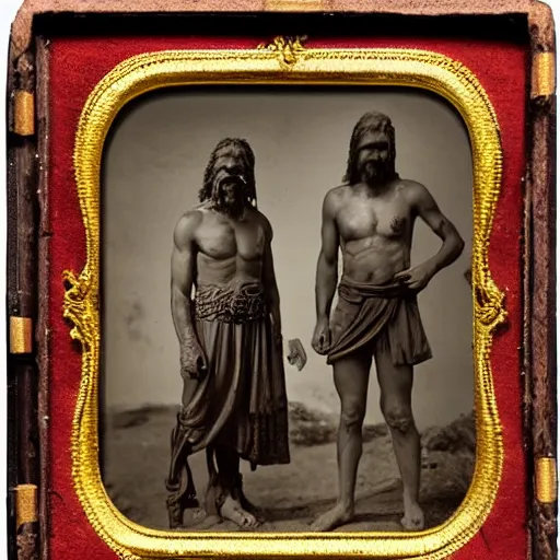 Image similar to spartan man and his helot slave, helot, ancient sparta, daguerreotype photograph, ancient photograph