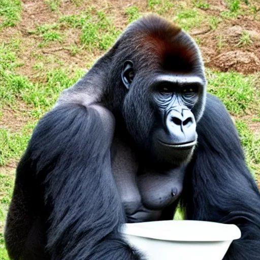 Prompt: gorilla poking its head out of a toilet, only the top half of its head is visible