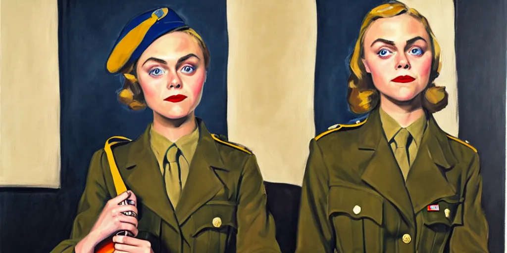 Prompt: oil painting of annasophia robb in a WWII uniform putting on stockings, teaching you a lesson in a void room full of etwined arms, existential horror painted by Alice Neel,