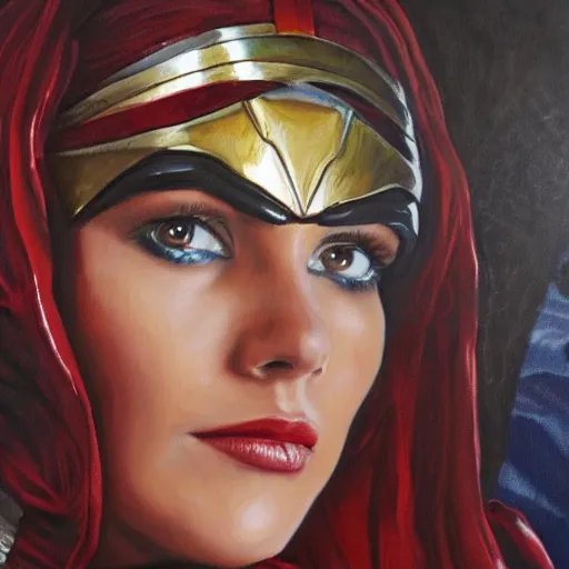 Image similar to wonder women, oil painting, highly detailed, new costume, medium close - up