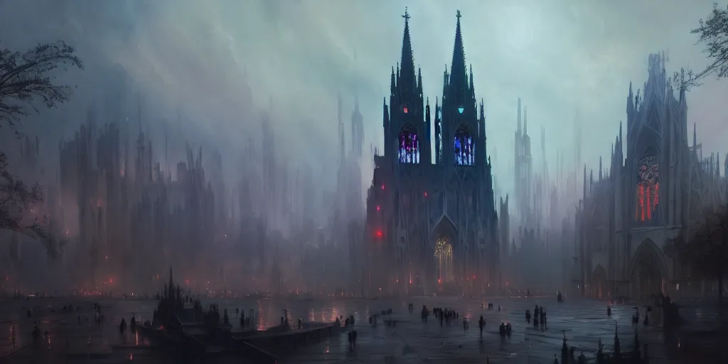 Image similar to a gothic cathedral standing in the middle of a city, extremely detailed digital painting, in the style of fenghua zhong and ruan jia and jeremy lipking and peter mohrbacher, mystical colors, rim light, beautiful lighting, 8 k, stunning scene, raytracing, octane, trending on artstation