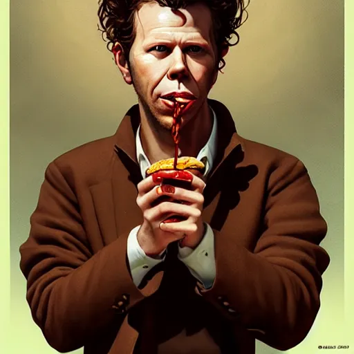 Prompt: portrait of tom waits eating hamburgers, extra onions and ketchup, luscious patty with sesame seeds, feminine ethereal, handsome, d & d, fantasy, intricate, elegant, highly detailed, digital painting, artstation, concept art, matte, sharp focus, illustration, art by artgerm and greg rutkowski and alphonse mucha