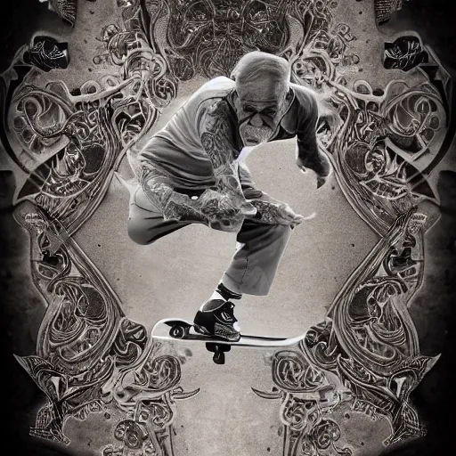 Image similar to old seniors retired people skateboarding with tattoos piercings digital art, 3 d high definition, trending on artstation, photorealistic, high resolution, 8 k, octane, hyper detailed, trending on deviantart insane details, intricate, elite, ornate, elegant trend, highly detailed and intricate, sharp focus, photography, unreal engine