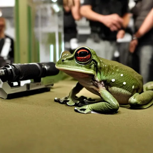 Image similar to a rare military frog equipped with rocket launcher and night vision target acquisition system, photo from adversary biotech expo