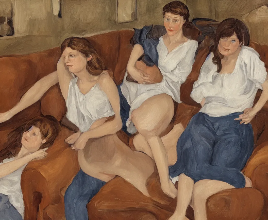 Image similar to two women, in an old english apartment on a brown leather sofa. one is wearing a dark blue sweather, the other a white shirt. brown hair, they are looking into the camera. wide shot. in the style of lucien freud. oil painting.