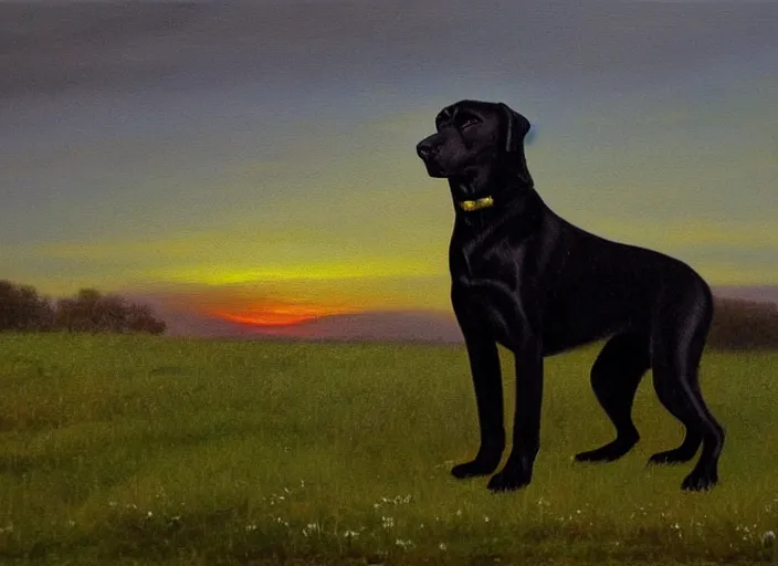 Prompt: Oil painting of a black Labrador outside at sunset in the style of Albert Bierstadt