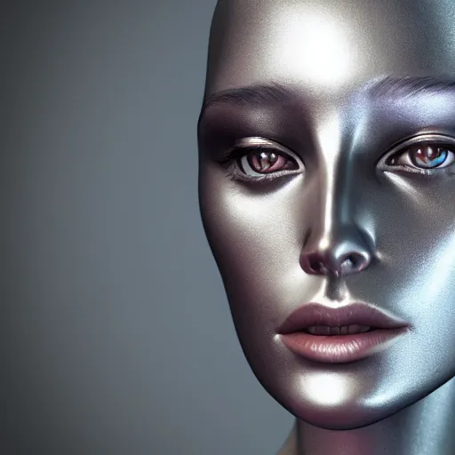 Prompt: silver chrome beautiful woman robot portrait by Hajime Sorayama, octane render, high detail, photorealistic, unreal engine, ray traced