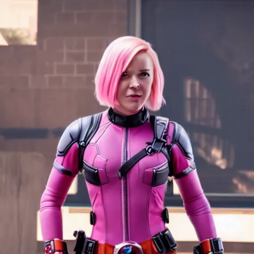 Prompt: A still of Gwenpool in Deadpool 3 (2023), blonde hair with pink highlights, no mask, light-pink costume