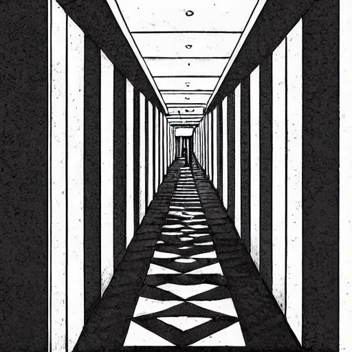 Image similar to “A creepy bright white hallway with many doors by Junji Ito, detailed background”