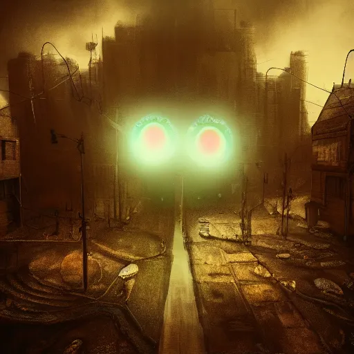 Image similar to if everybody had 1 3 eyeballs, post apocalyptic fantasy, digital art, trending on artstation, soft focus, dutch angle, orwellian setting