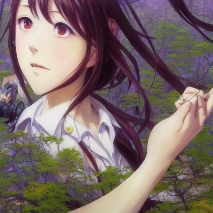 Image similar to Nishimiya Shouko, Albedo from Overlord, Mayer Re-l, Japan Lush Forest, official anime key media, close up of Iwakura Lain, LSD Dream Emulator, paranoiascape ps1, official anime key media, painting by Vladimir Volegov, beksinski and dan mumford, giygas, technological rings, johfra bosschart, Leviathan awakening from Japan in a Radially Symmetric Alien Megastructure turbulent bismuth glitchart, Atmospheric Cinematic Environmental & Architectural Design Concept Art by Tom Bagshaw Jana Schirmer Jared Exposure to Cyannic Energy, Darksouls Concept art by Finnian Macmanus