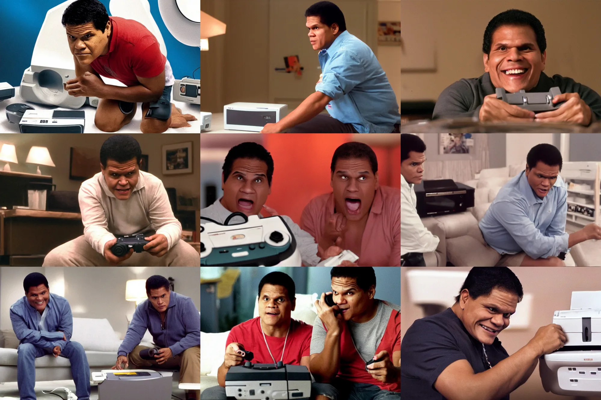 Prompt: reggie fils aime pooping on a sega dreamcast console, movie still, 8 k, hd