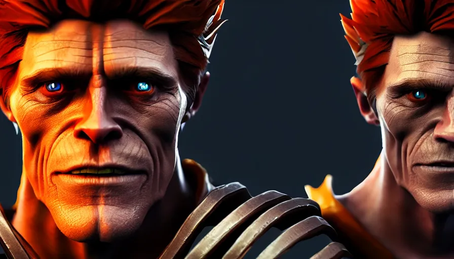 Image similar to willem dafoe as dota 2 game character, symmetrical, dota 2 game screenshot, 4 k, ray tracing, octane render, ultra hd