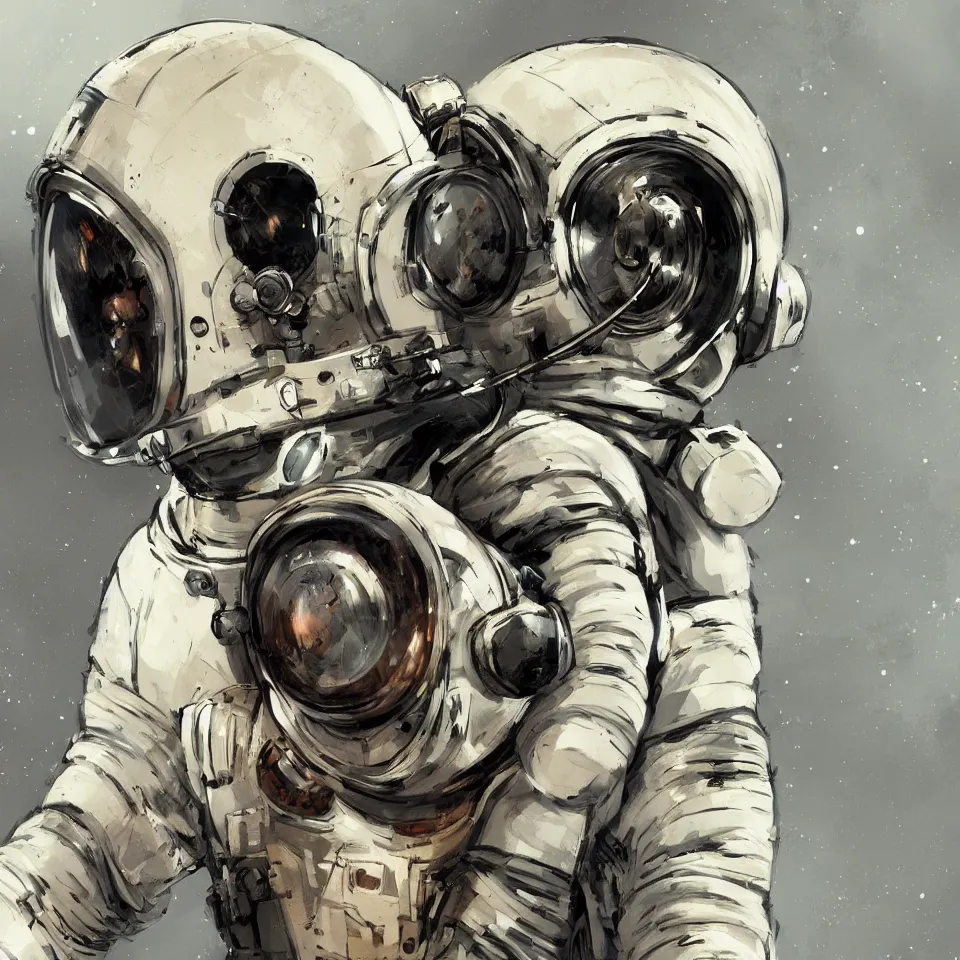 Image similar to a detailed concept art of a astronaut helmet wearing a headphone by ashley wood, digital painting, digital art, beautiful, dynamic lighting, cinematic, epic composition, masterpiece