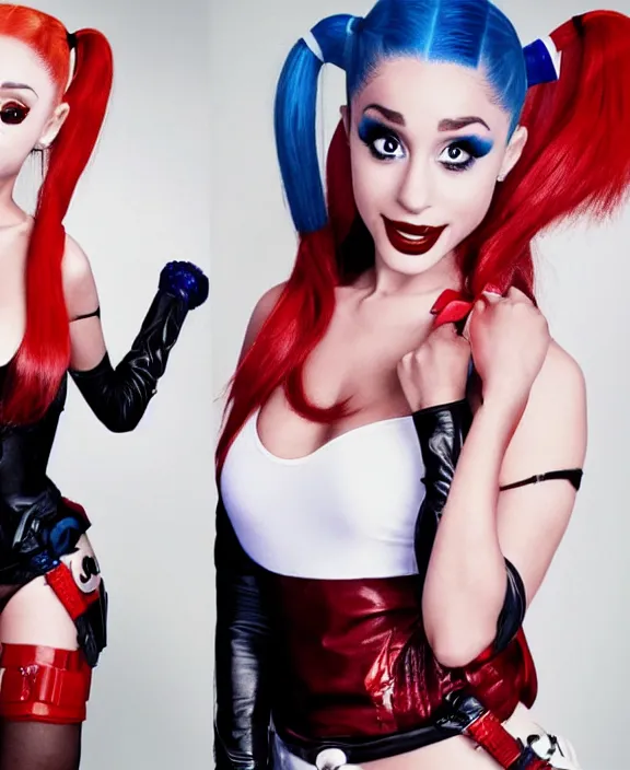 Image similar to ariana grande modeling as harley quinn, professional photograph