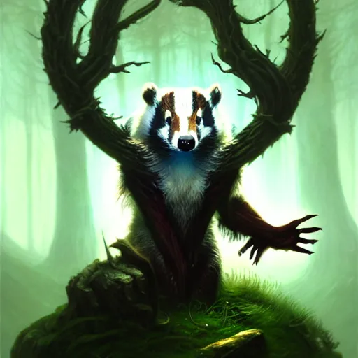 Image similar to Badger druid, forest, magic the gathering artwork, D&D, fantasy, cinematic lighting, centered, symmetrical, highly detailed, digital painting, artstation, concept art, smooth, sharp focus, illustration, volumetric lighting, epic Composition, 8k, art by Akihiko Yoshida and Greg Rutkowski and Craig Mullins, oil painting, cgsociety