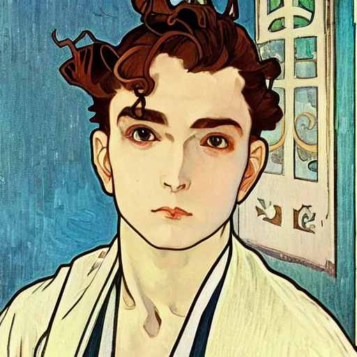 Image similar to painting of grumpy handsome anime maid man in a maid outfit, elegant, clear, painting, stylized, art, art by alphonse mucha, vincent van gogh, egon schiele,
