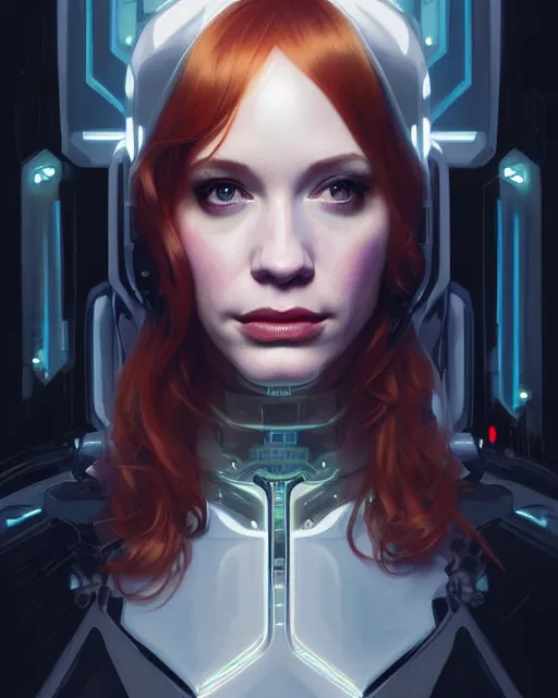 Image similar to portrait of christina hendricks as a robot in ex machina, cyberpunk machine, machine face, robed, upper half portrait, decorated, intricate intense elegant highly detailed digital painting artstation concept art smooth sharp focus illustration, art by artgerm and greg rutkowski alphonse mucha 8 k