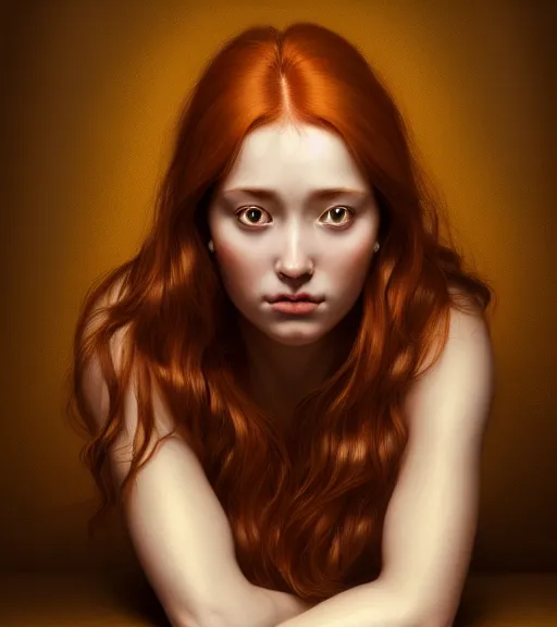 Prompt: portrait of a beautiful auburn - haired woman sitting upon a table with heightened detail, poised, intense emotion, detailed facial expression, detailed surroundings, intricate, elegant, highly detailed, centered, digital painting, artstation, concept art, smooth, sharp focus, illustration, by ( leonardo da vinci ), wlop