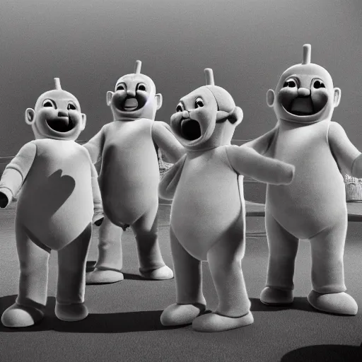 Image similar to A group of 4 Teletubbies, laughing as they make a human sacrifice for their demonic cult in their Teletubby temple. Highly detailed, rendered in unreal engine 5, daguerreotype portrait.