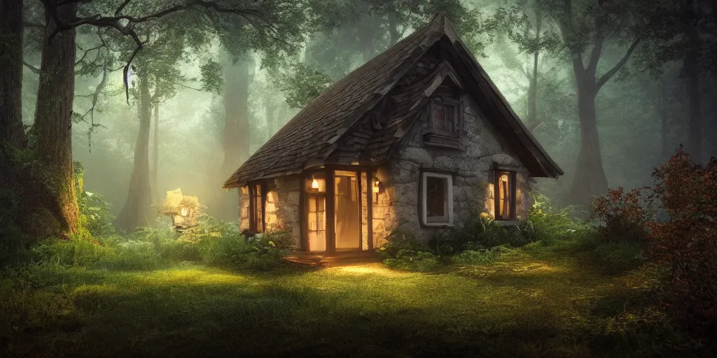 Image similar to a cottage in the woods, fantasy, hyper realistic, dramatic lighting, 8k