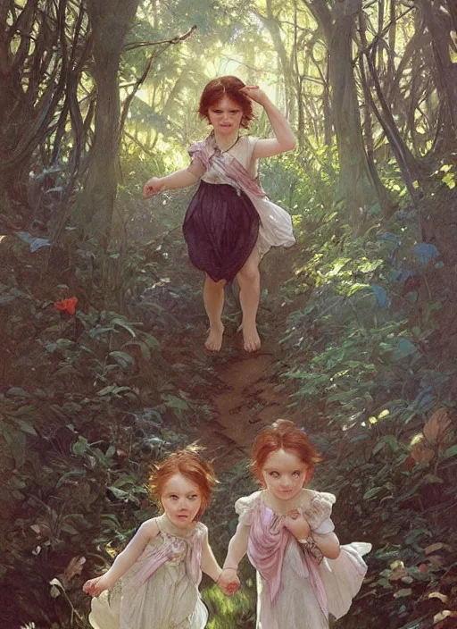 Image similar to two cute children holding hands and running through the forest. beautiful painting by artgerm and greg rutkowski and alphonse mucha