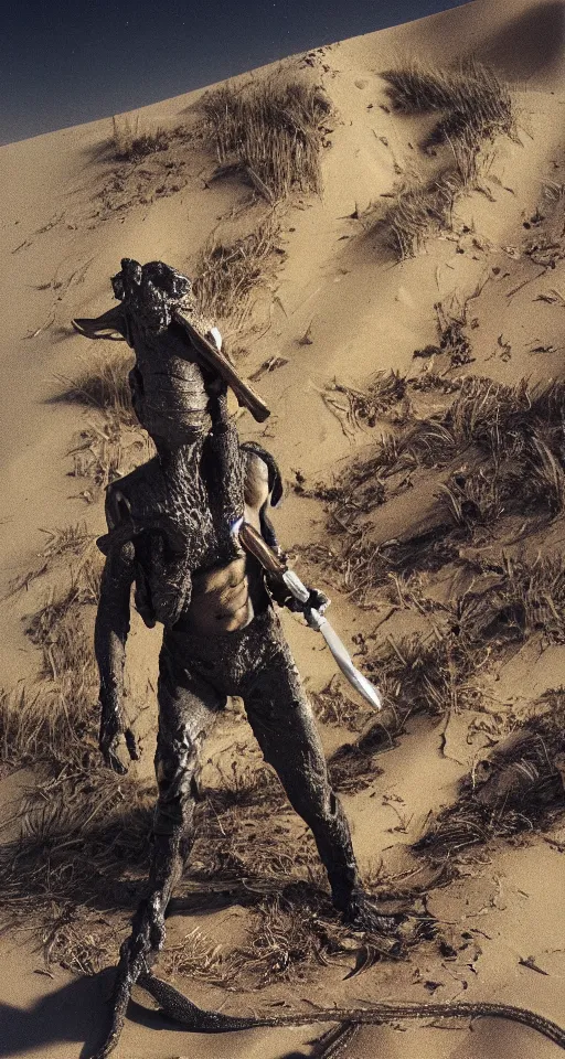 Prompt: charred photograph of a half man half lizard hybrid exploring a dune with treasure in his backpack and a sword in his hand, 4 k, detailed, landscape, realistic, polariod