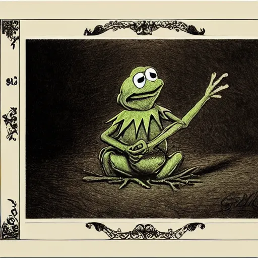 Prompt: Kermit the Frog by Gustave Dore, Sesame Street, intricate, very very detailed