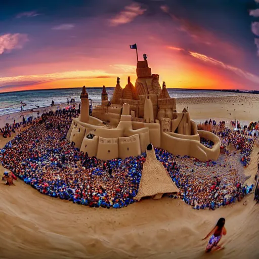 Image similar to gigantic human crowds inside sandcastle, coronation of the sand queen, sunset, tiltshift