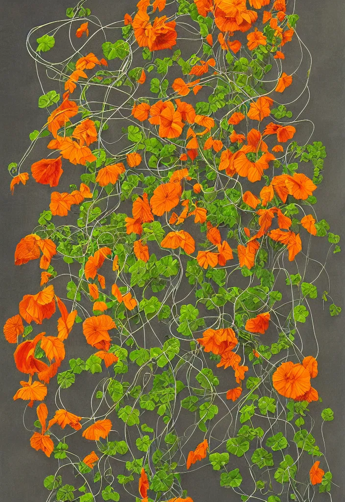 Image similar to award winning surrealist artwork about entangled sunflowers and falling nasturtiums with vines