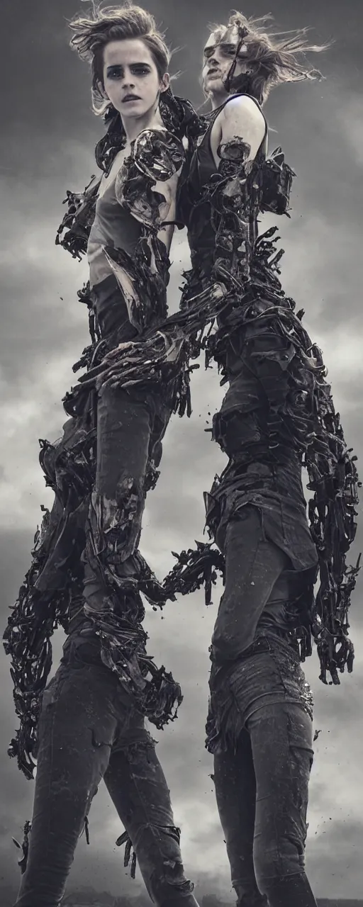 Image similar to Emma Watson fractal armour twinned conjoined sisters action poses dishevelled photorealistic portrait grimy sweating wet face dirty t-shirt and torn jeans in broken biomechanical fractal armour abandoned exploding sci-fi gas station, dark and dim atmospheric smog trending on artstation 8k matte painting, dramatic lighting, dramatic shadows professional photograph by Lee Miller