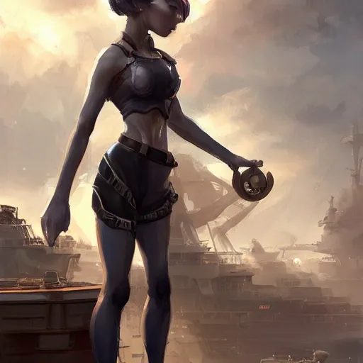 Prompt: beautiful muscular charming female gnome engineer, cryogenic arms, short black pixie undercut hair, standing on ship deck, naval background, intricate, fantasy magic, highly detailed, full body, wide angle portrait, digital painting, artstation, smooth, sharp focus, great composition, illustration, art by Greg Rutkowski, trending on artstation
