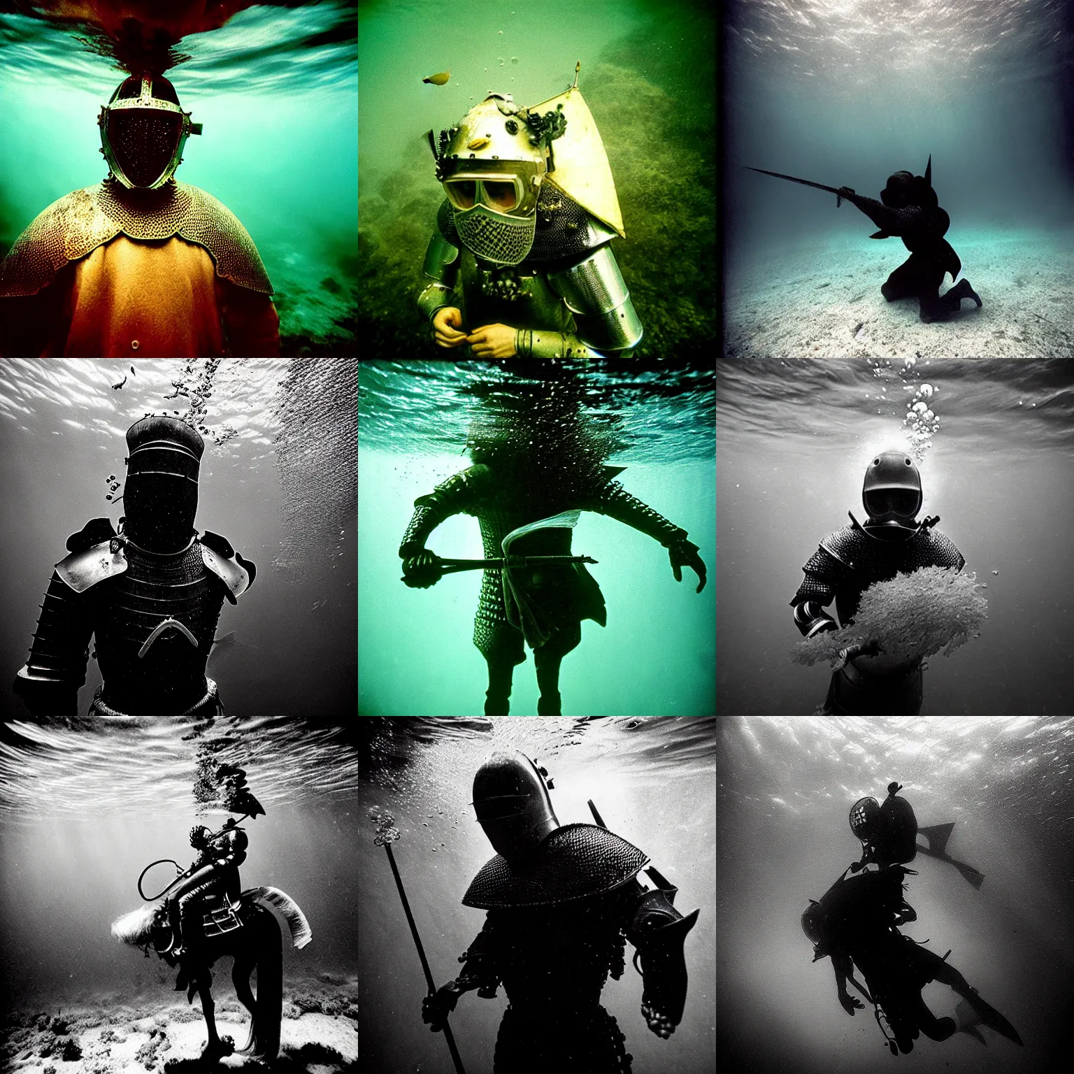 Image similar to Underwater photo of a beautiful medieval knight by Trent Parke, close up, clean, detailed, Magnum photos