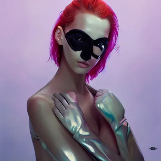 Prompt: A masterpiece portrait of a Incredibly beautiful futuristic latex fashion model girl with mask. With . Vogue. trending on artstation, digital art, by Stanley Artgerm Lau, WLOP, Rossdraws, James Jean, Andrei Riabovitchev, Marc Simonetti, Yoshitaka Amano