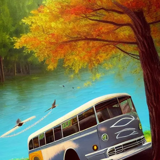 Prompt: a [ 5 0 s bus with wings ] flies above a forest and lake, [ oil painting ]!!, trending on cgsociety, 4 k