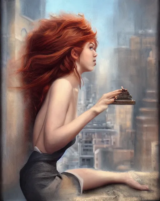 Image similar to an realistic fine art painting of a early twenties female sitting on top of a building in the city with flowing auburn hair, inspired by Tom Bagshaw, studio portrait, muted colors, detailed hair, cinematic lighting, trending on artstation, god lighting, 4K