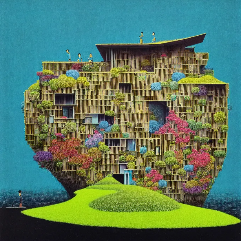 Image similar to surreal glimpse into other universe, a house by kengo kuma on an island, summer morning, very coherent and colorful high contrast, art by!!!! gediminas pranckevicius!!!!, geof darrow, floralpunk screen printing woodblock, dark shadows, hard lighting, stipple brush technique,