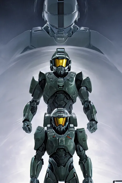 Image similar to portrait of master chief with a halo behind him, catholic religious art, sacred, halo, strong, imposing, biomechanical, by moebius and greg rutkowski and artgerm, octane render, trending on artstation