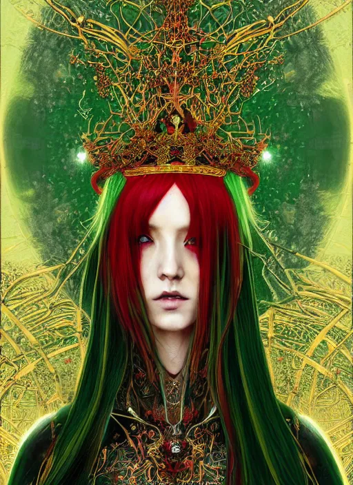 Image similar to a painting of a beautiful cyberpunk elven queen with long red hair, wearing green, red and gold ornate dress, golden intricate crown,. detailed symmetrical full body portrait, intricate complexity, concept art, by takato yamamoto, wlop, krenz cushart. cinematic dramatic atmosphere, sharp focus