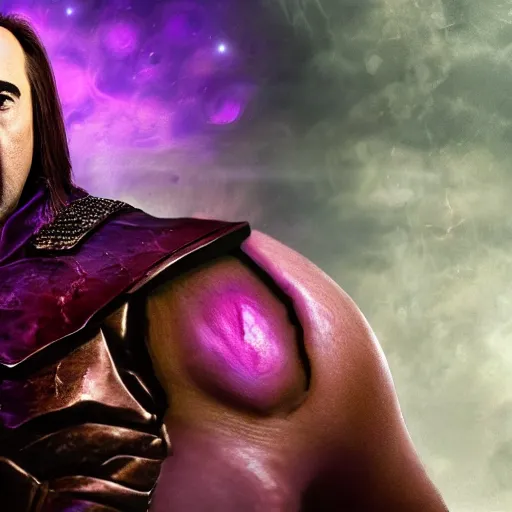 Image similar to a fat nic cage playing thanos hd digital photography, movie still