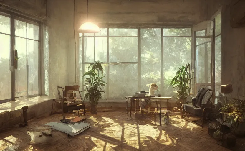 Image similar to a stylish artist studio interior, old wood floors, potted plants, painting by Craig Mullins, octane rendering, soft morning lighting, wide angle lens, low view, in the style of Hayao Miyazaki, trending on artstation,