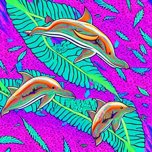 Image similar to dolphins jumping over a pile of hemp leaves in a psychedelic lisa frank style, digital art