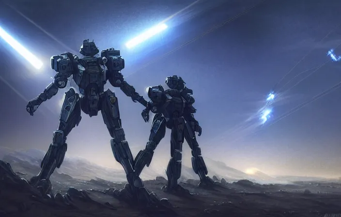 Image similar to an armored core v, ; scifi, booster flares, legs, laser rifles, karst landscape, outdoor, dark blue sky, cloud, wilderness ground, glowing lights intricate elegant, highly detailed, digital painting, artstation, concept art, smooth, sharp focus, thin glowing wires, illustration, art by artgerm and greg rutkowski and alphonse mucha, singularity