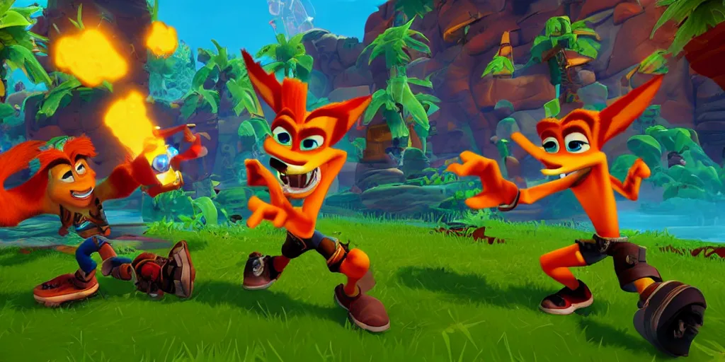 Image similar to crash bandicoot in the style of ratchet and clank rift apart game screenshot