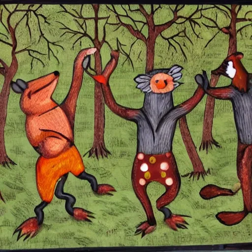 Prompt: woodland creatures dancing around a man being burned at the stake, folk art